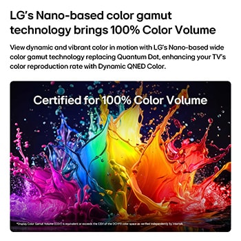 LG QNED AI QNED75 Mini LED with Dynamic QNED Color fills the screen with vivid, fluid bursts of multicolored, paint-like motion, showcasing enhanced color vibrancy certified for 100% Color Volume.